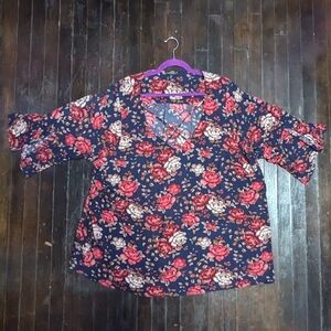 58. Torrid Floral Navy and Red Long Slit Sleeve Cross V-Neck Blouse 4X 26